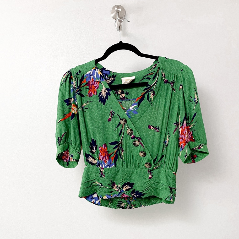 Anthropologie Maeve Madelyn Floral Bubble Crossover Blouse Cropped Top Green 4